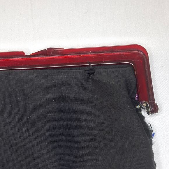 Vintage 1950s Tapestry Clutch Change Purse Kiss Lock Black Floral Lucite AS IS - Picture 7 of 16